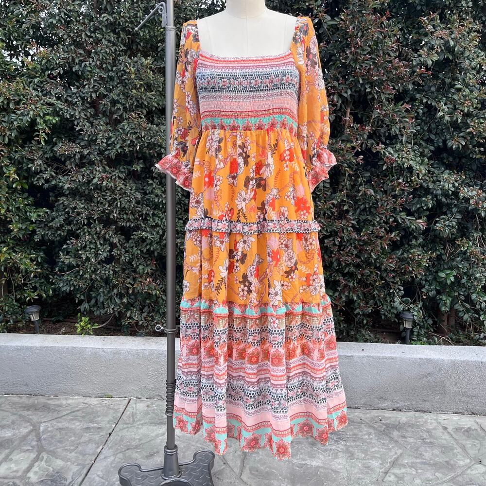 Davi & Dani Boho Printed Ruffle Maxi Dress Smocked Bodice Hippie Large Fairy - Picture 8 of 9